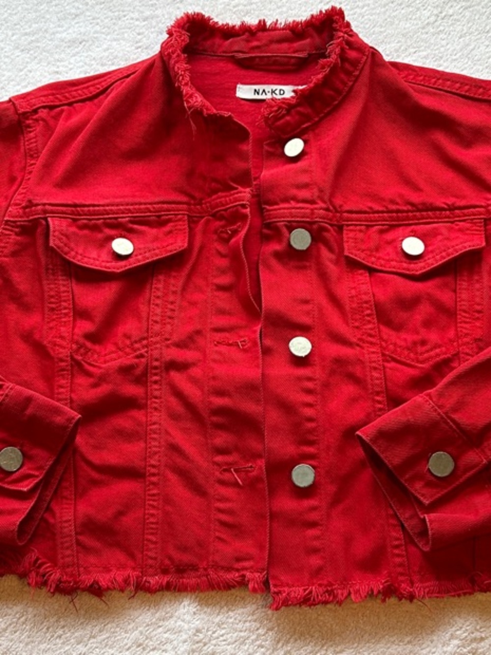 NA-KD Women's Red Frayed Hem Denim Jacket
